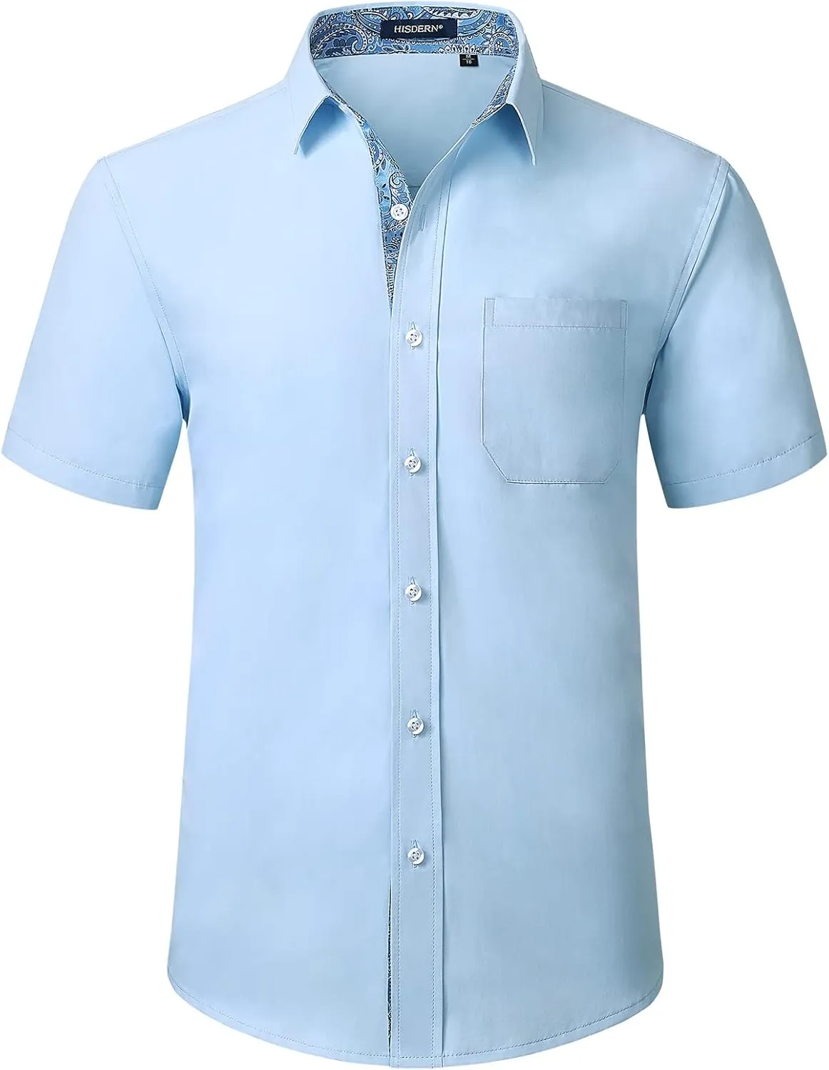 HISDERN Mens Dress Shirts Short Sleeve Regular Fit Casual Button Down Shirt Inner Contrast Business Formal Pocket Shirt