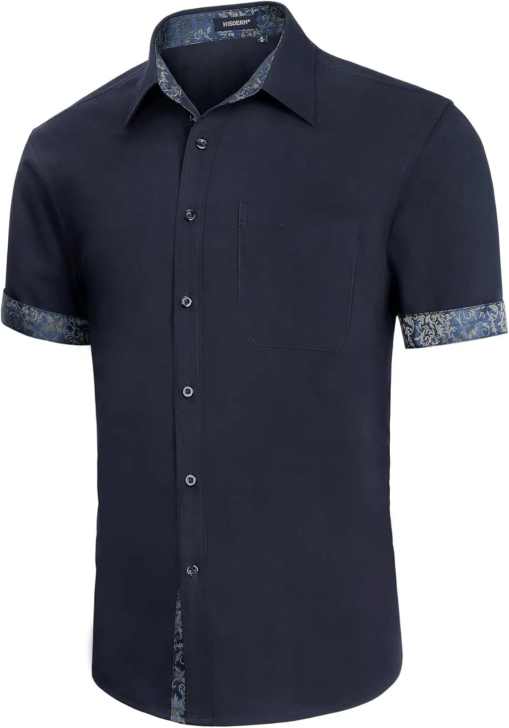 HISDERN Mens Dress Shirts Short Sleeve Regular Fit Casual Button Down Shirt Inner Contrast Business Formal Pocket Shirt