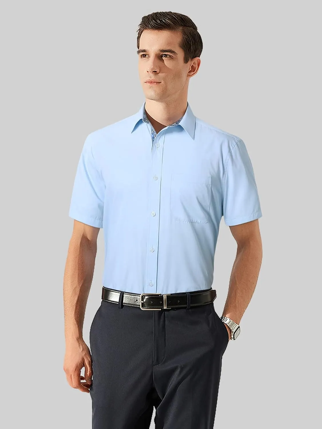 HISDERN Mens Dress Shirts Short Sleeve Regular Fit Casual Button Down Shirt Inner Contrast Business Formal Pocket Shirt