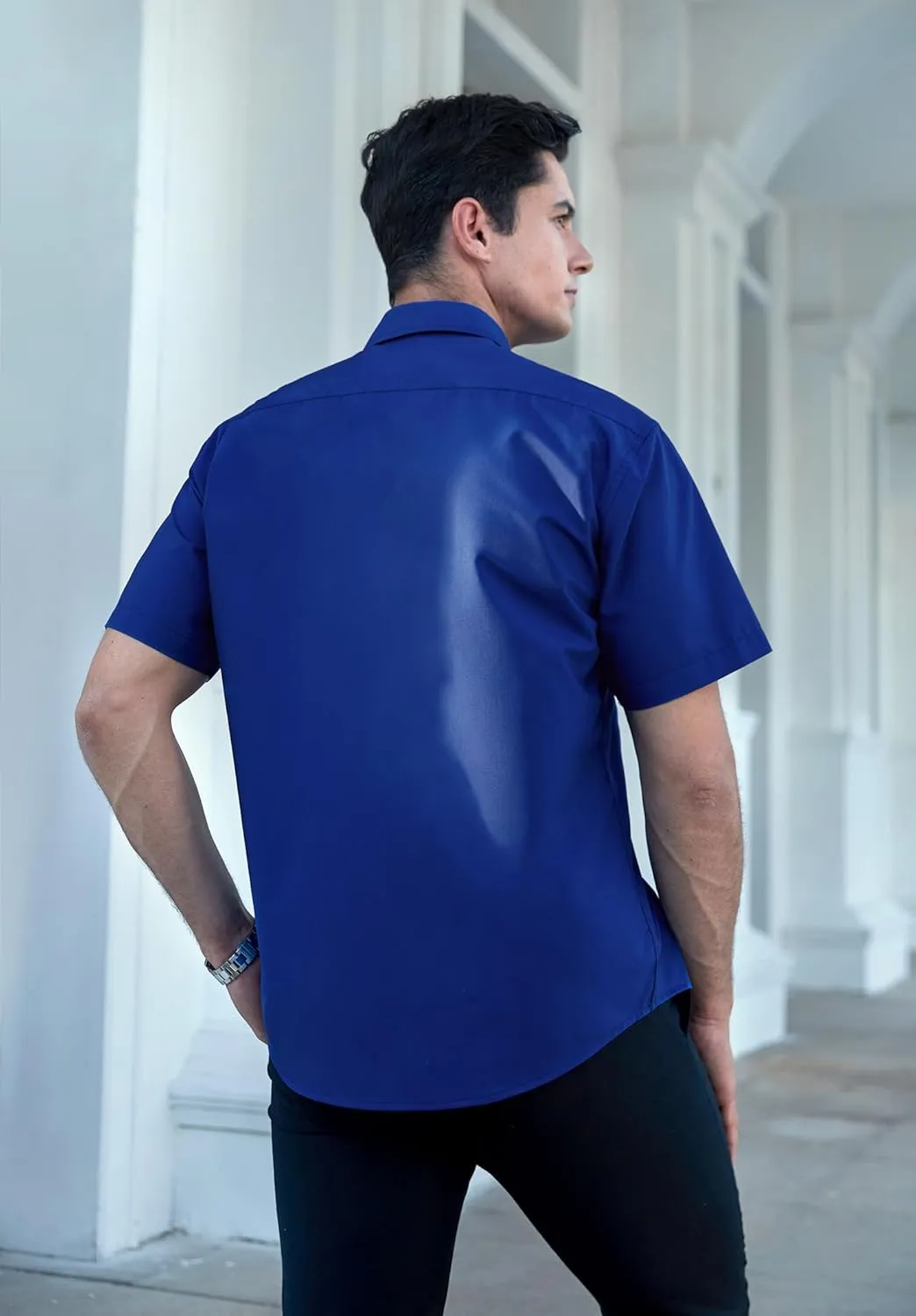 HISDERN Mens Dress Shirts Short Sleeve Regular Fit Casual Button Down Shirt Inner Contrast Business Formal Pocket Shirt