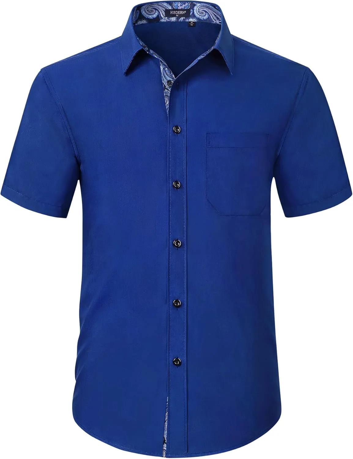 HISDERN Mens Dress Shirts Short Sleeve Regular Fit Casual Button Down Shirt Inner Contrast Business Formal Pocket Shirt