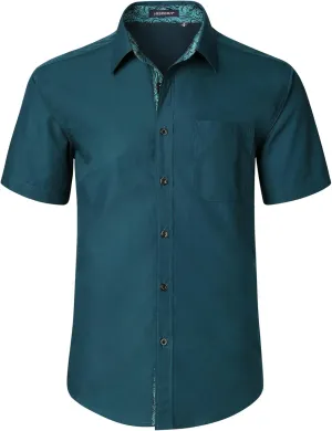 HISDERN Mens Dress Shirts Short Sleeve Regular Fit Casual Button Down Shirt Inner Contrast Business Formal Pocket Shirt