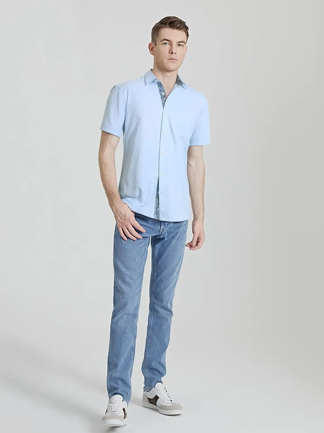 HISDERN Mens Dress Shirts Short Sleeve Regular Fit Casual Button Down Shirt Inner Contrast Business Formal Pocket Shirt