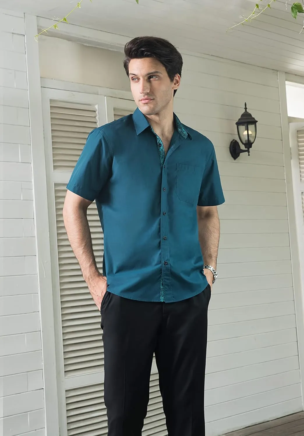 HISDERN Mens Dress Shirts Short Sleeve Regular Fit Casual Button Down Shirt Inner Contrast Business Formal Pocket Shirt