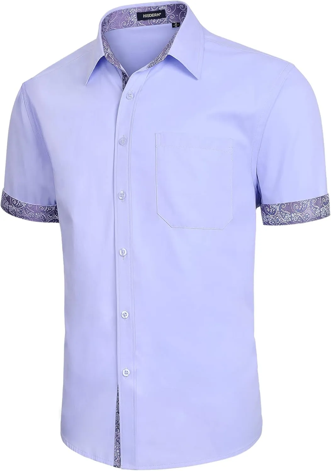 HISDERN Mens Dress Shirts Short Sleeve Regular Fit Casual Button Down Shirt Inner Contrast Business Formal Pocket Shirt