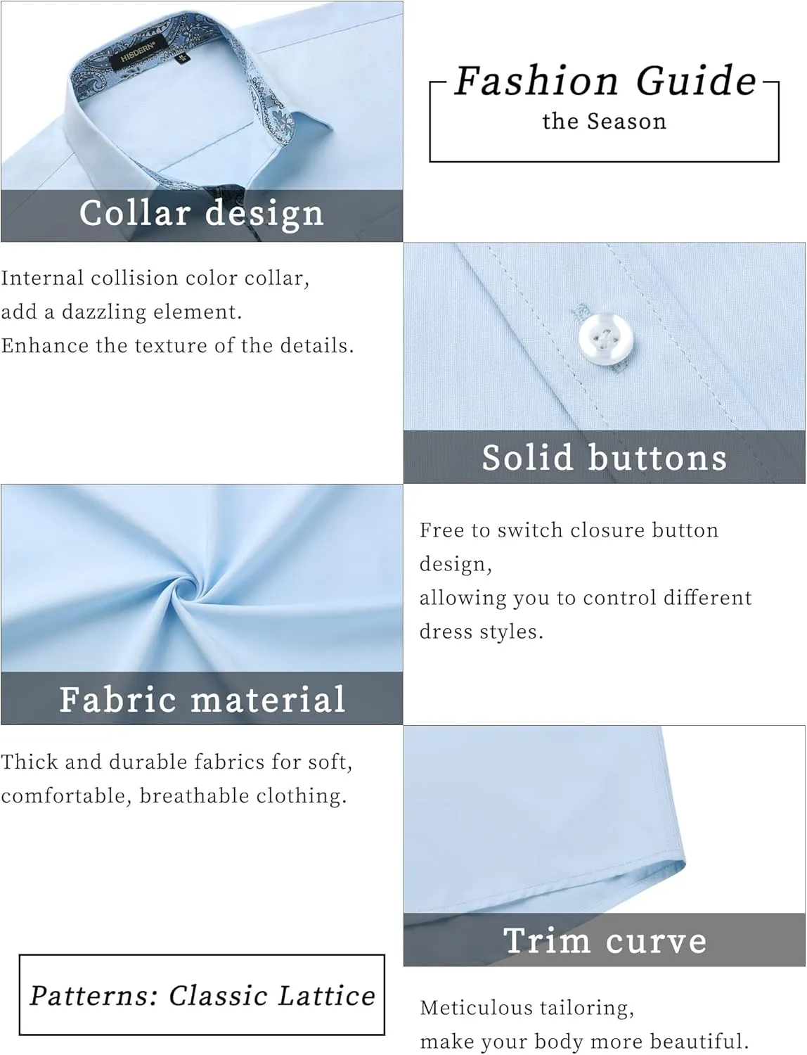 HISDERN Mens Dress Shirts Short Sleeve Regular Fit Casual Button Down Shirt Inner Contrast Business Formal Pocket Shirt