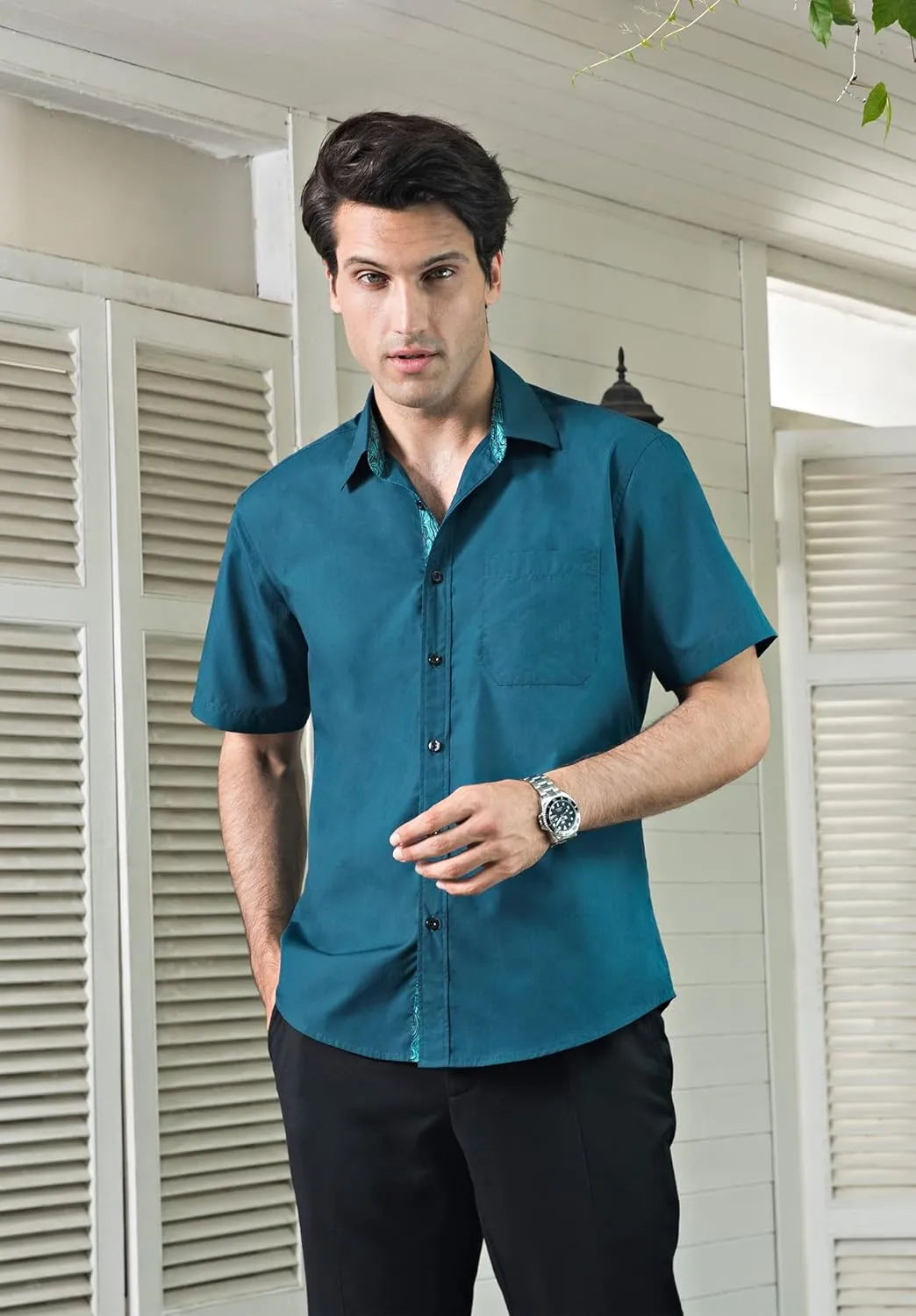 HISDERN Mens Dress Shirts Short Sleeve Regular Fit Casual Button Down Shirt Inner Contrast Business Formal Pocket Shirt
