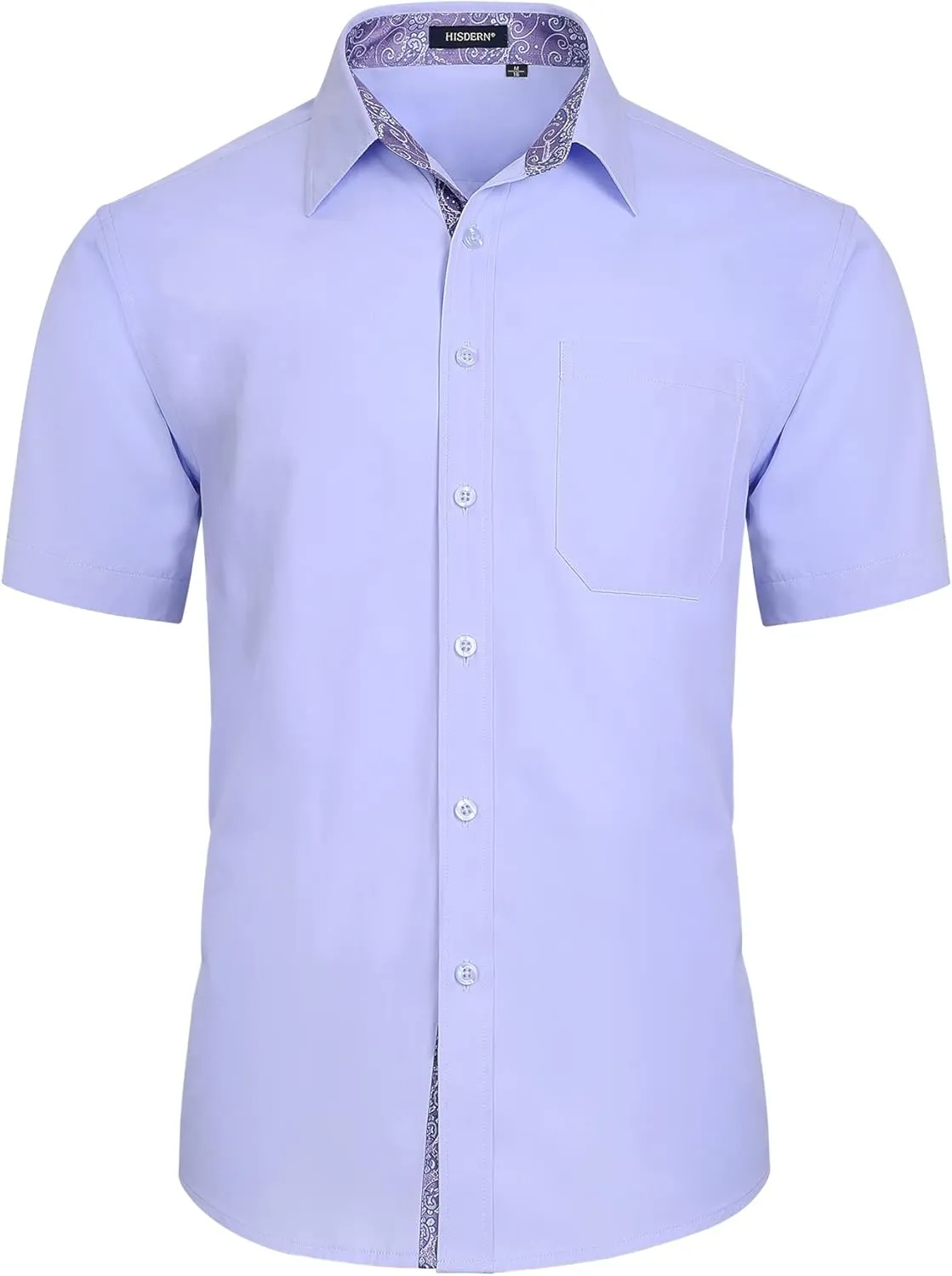 HISDERN Mens Dress Shirts Short Sleeve Regular Fit Casual Button Down Shirt Inner Contrast Business Formal Pocket Shirt