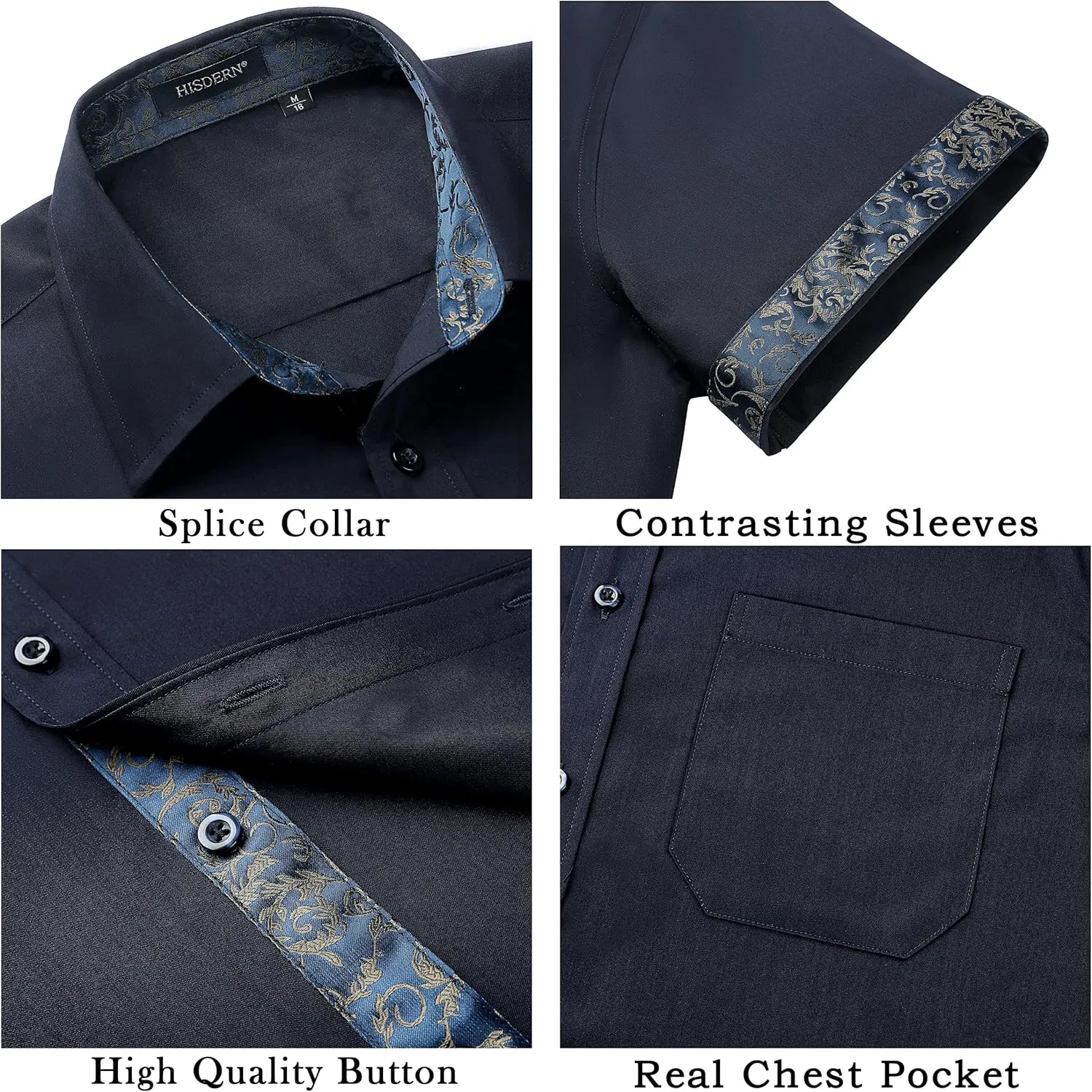 HISDERN Mens Dress Shirts Short Sleeve Regular Fit Casual Button Down Shirt Inner Contrast Business Formal Pocket Shirt