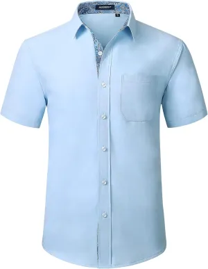 HISDERN Mens Dress Shirts Short Sleeve Regular Fit Casual Button Down Shirt Inner Contrast Business Formal Pocket Shirt