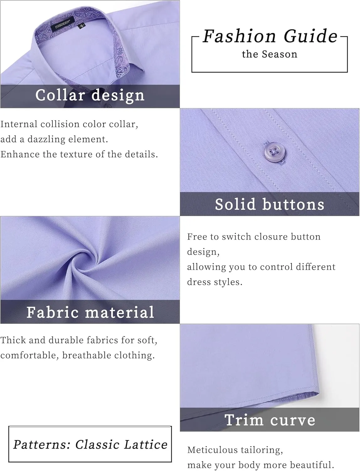 HISDERN Mens Dress Shirts Short Sleeve Regular Fit Casual Button Down Shirt Inner Contrast Business Formal Pocket Shirt