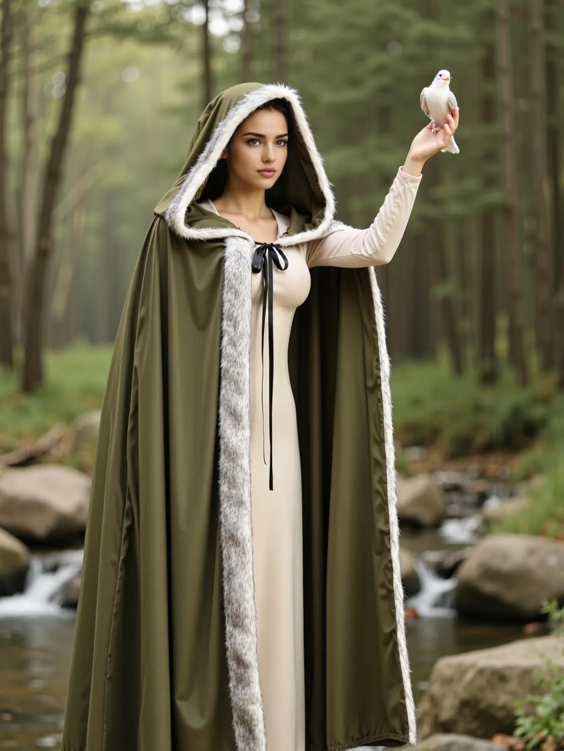 HOMELEX Witch Black Viking Fur Hooded Cloak for Women Witch Cape Halloween Costume Cosplay