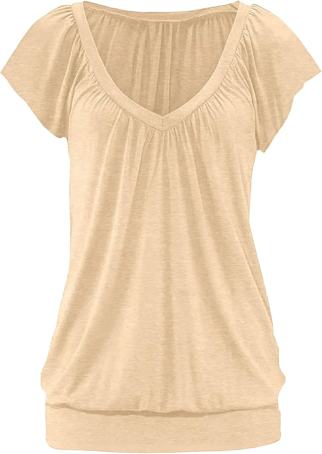 Hongqizo Womens V Neck T Shirts Cap Sleeve Summer Casual Shirts Banded-Bottom Loose Fit Basic Tops