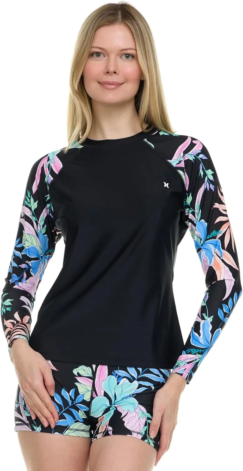 Hurley Womens Two Piece Rash Guard & Swim Shorts, Long Sleeve Swim Shirt, Quick Dry Swimsuits UPF 50  SPF Sun & UV Protection