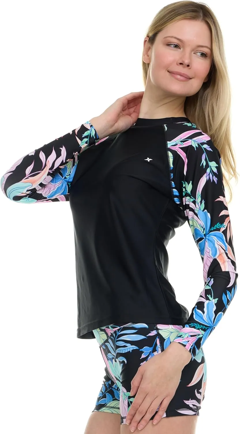 Hurley Womens Two Piece Rash Guard & Swim Shorts, Long Sleeve Swim Shirt, Quick Dry Swimsuits UPF 50  SPF Sun & UV Protection