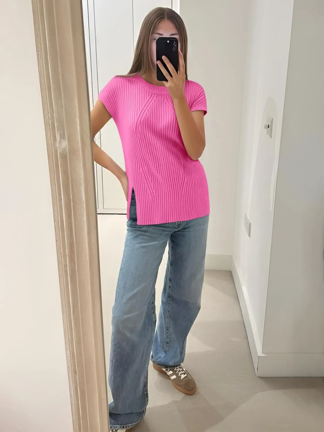 Imily Bela Womens Short Sleeve Sweater Casual Crew Neck Rribbed Knit Split Pullover Summer Tunic Tops