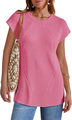 Imily Bela Womens Short Sleeve Sweater Casual Crew Neck Rribbed Knit Split Pullover Summer Tunic Tops