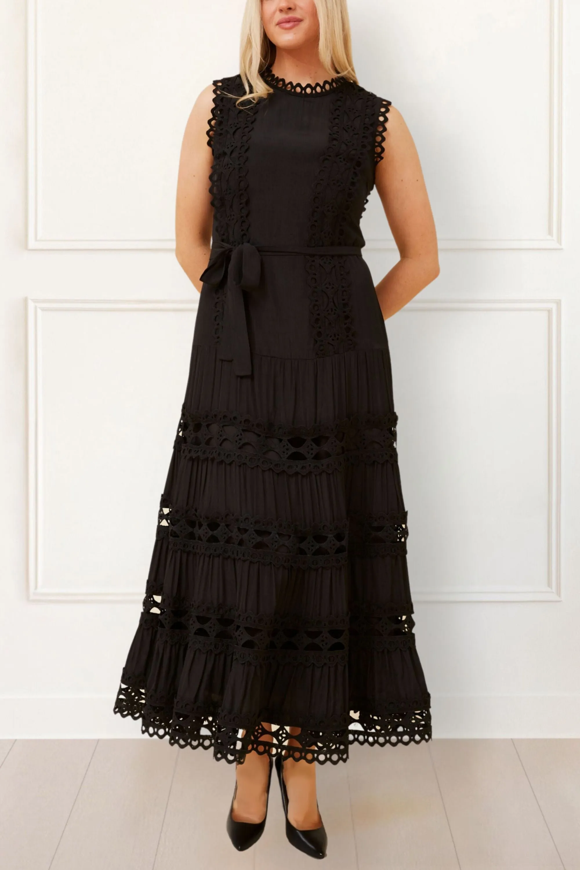 Ines Elegant Sleeveless Maxi Dress - Lace Details, Belted, A-Line, Formal