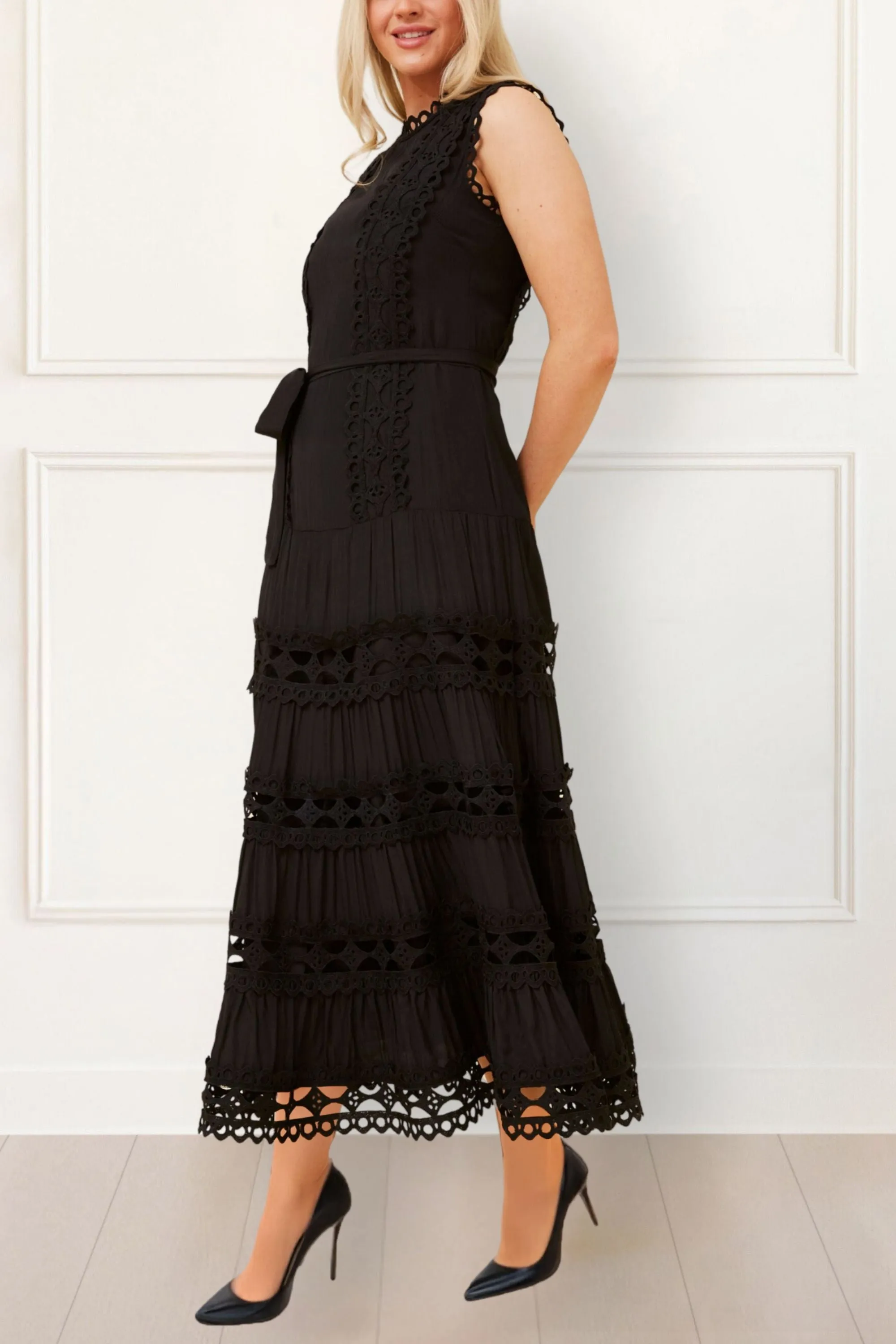 Ines Elegant Sleeveless Maxi Dress - Lace Details, Belted, A-Line, Formal