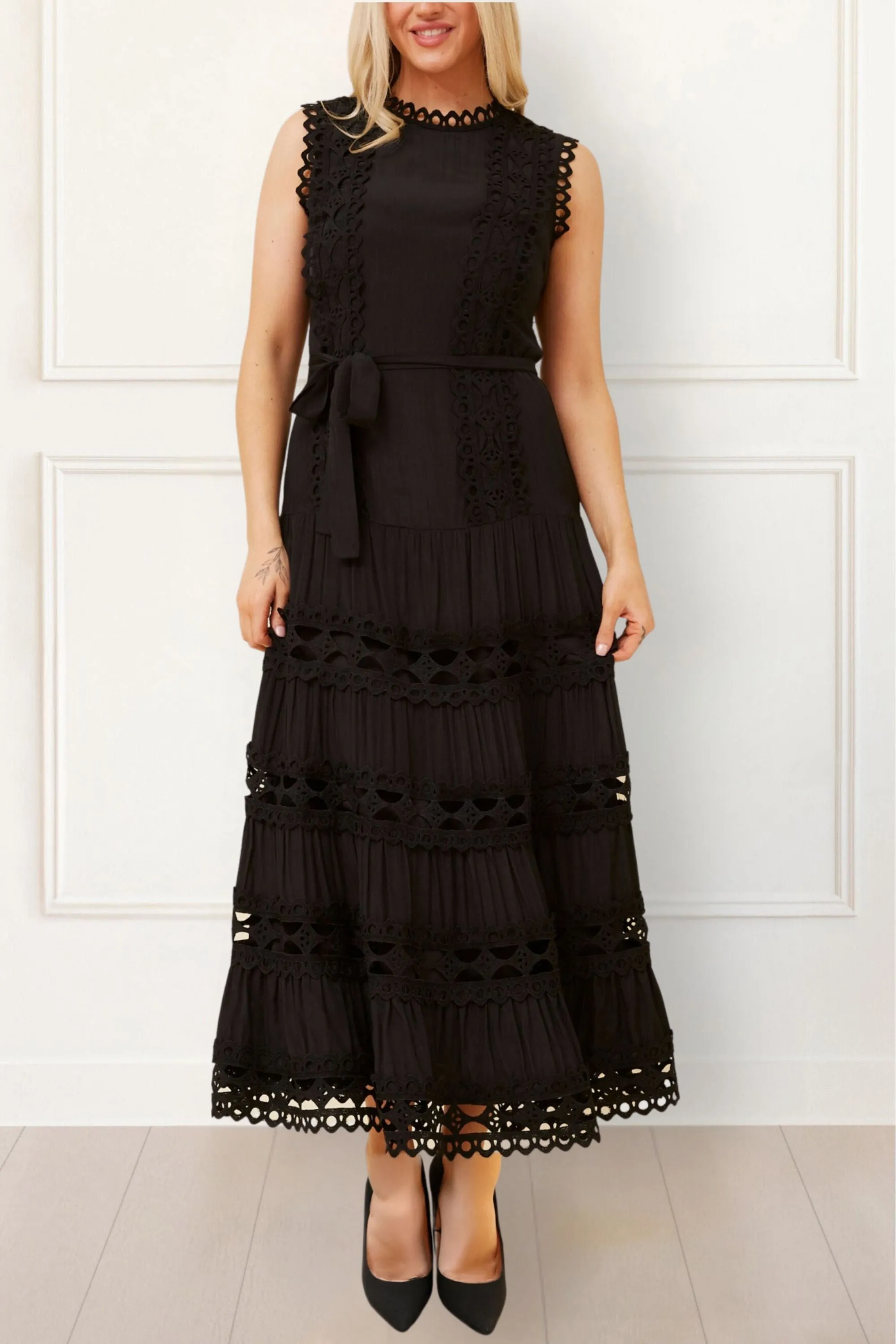 Ines Elegant Sleeveless Maxi Dress - Lace Details, Belted, A-Line, Formal