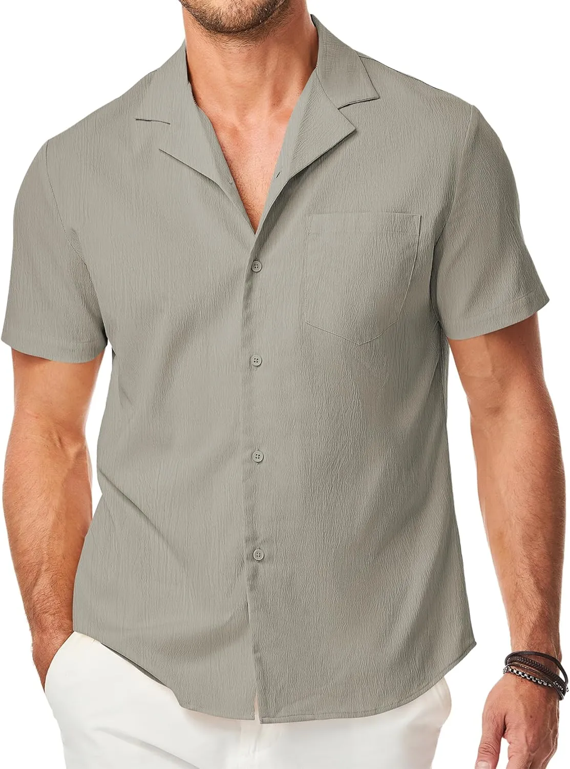 JMIERR Men's Casual Button Down Shirts Short Sleeve Textured Summer Beach Shirt Cuban Vacation Shirts with Pocket