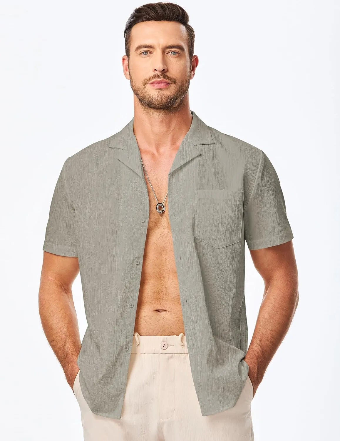 JMIERR Men's Casual Button Down Shirts Short Sleeve Textured Summer Beach Shirt Cuban Vacation Shirts with Pocket