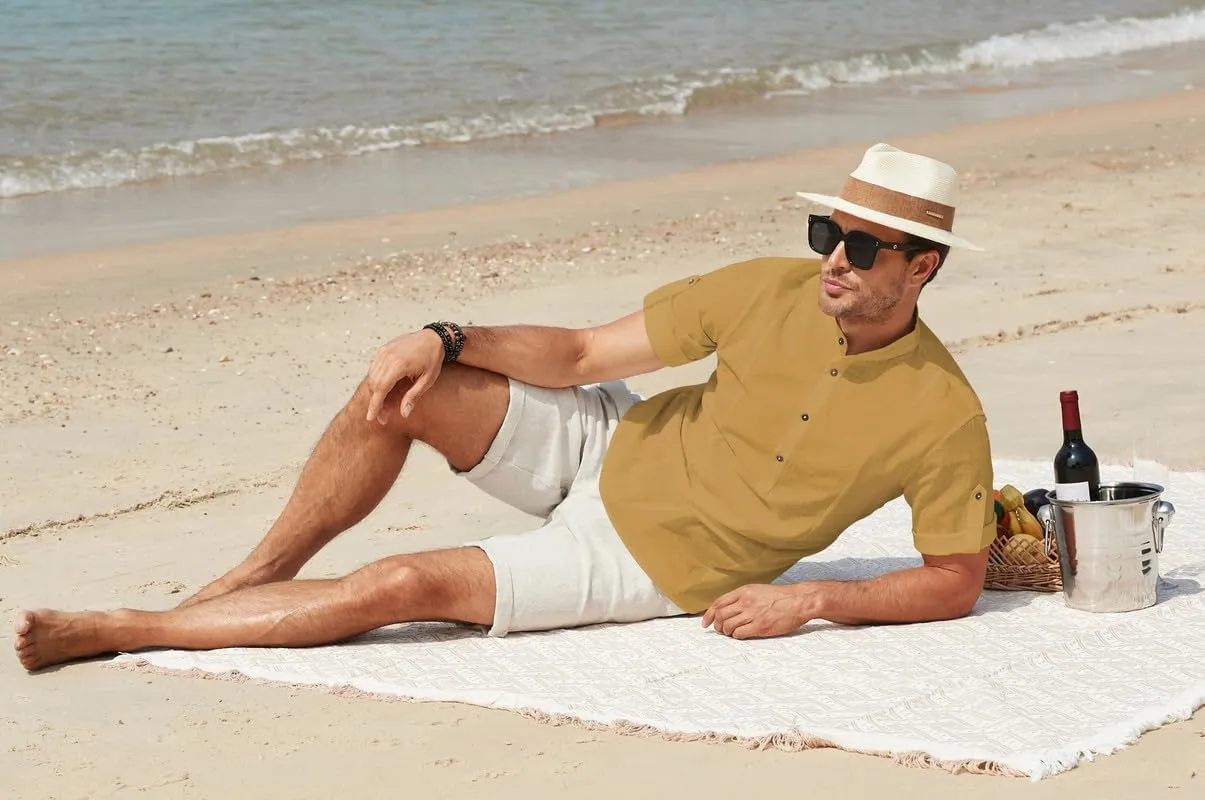 JMIERR Mens Cotton Linen Henley Shirt Casual Button Down Short Sleeve Tropical Shirts Summer Beach T Shirts
