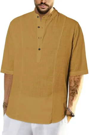 JMIERR Mens Cotton Linen Henley Shirt Casual Button Down Short Sleeve Tropical Shirts Summer Beach T Shirts