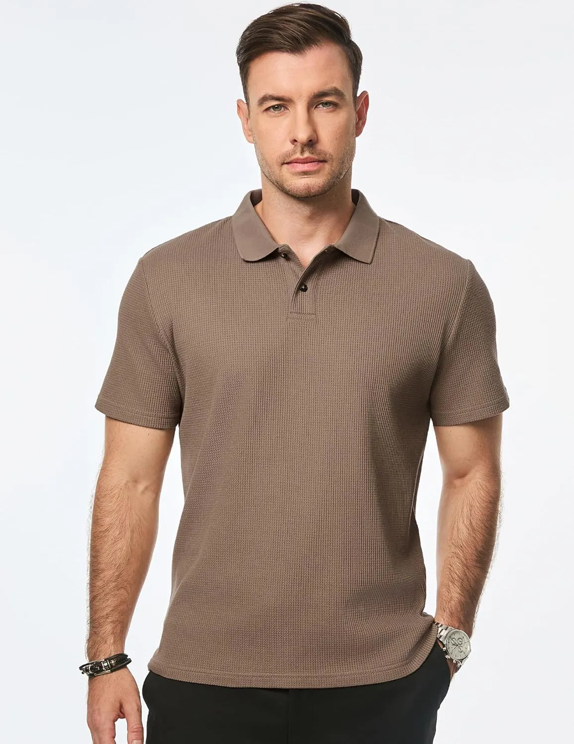 JMIERR Men's Waffle Polo Shirts Summer Casual Short Sleeve T-Shirt Button Up Solid Color Henley Shirts