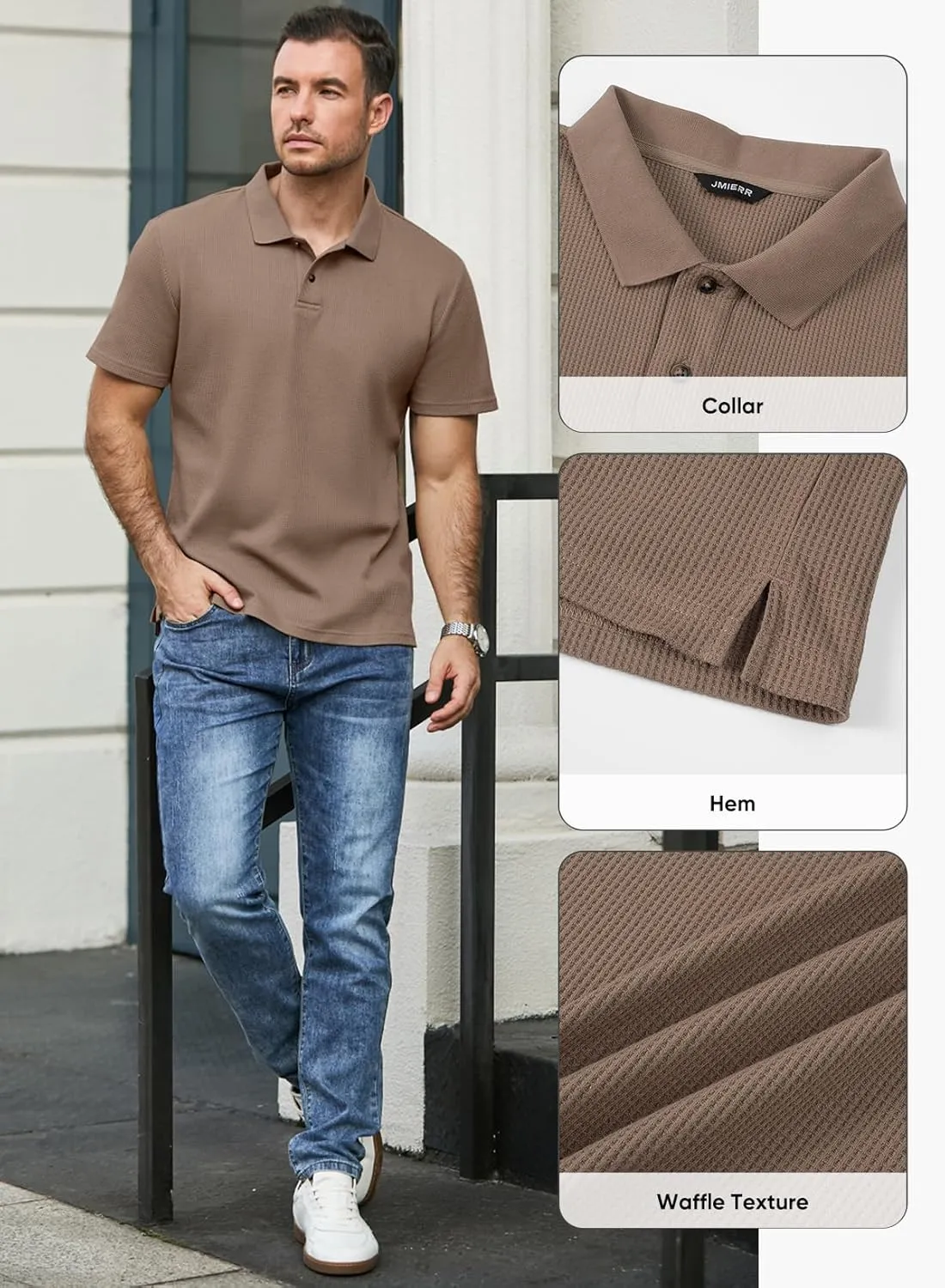 JMIERR Men's Waffle Polo Shirts Summer Casual Short Sleeve T-Shirt Button Up Solid Color Henley Shirts