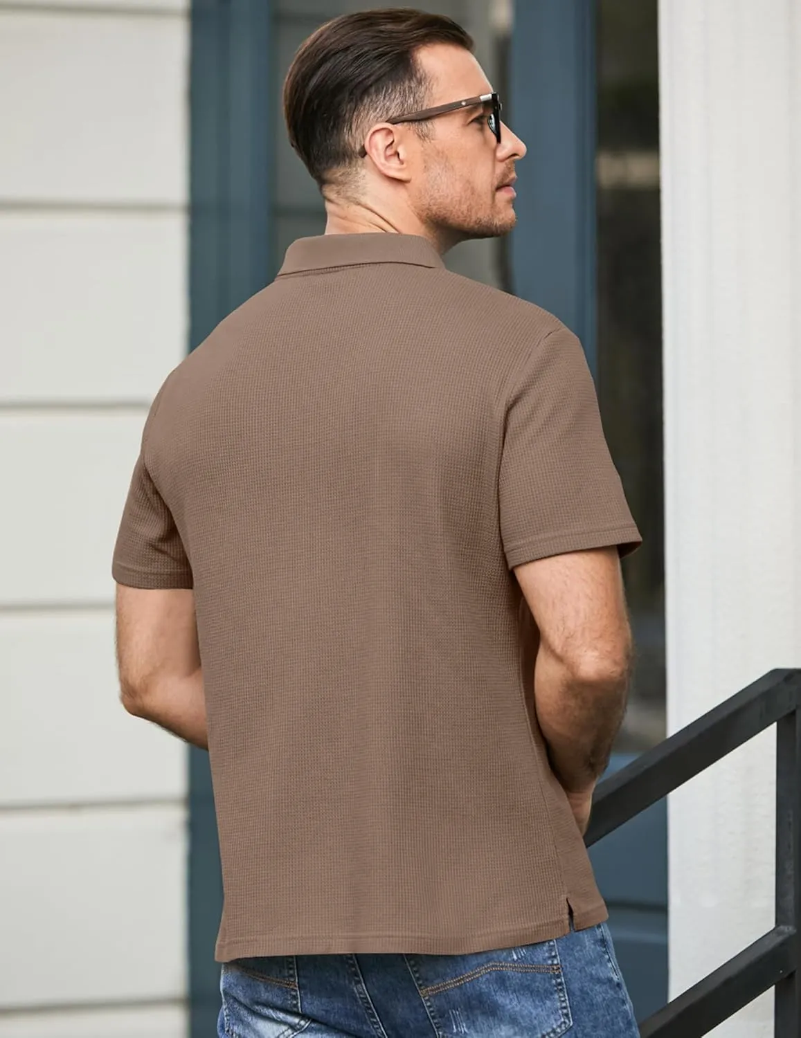 JMIERR Men's Waffle Polo Shirts Summer Casual Short Sleeve T-Shirt Button Up Solid Color Henley Shirts