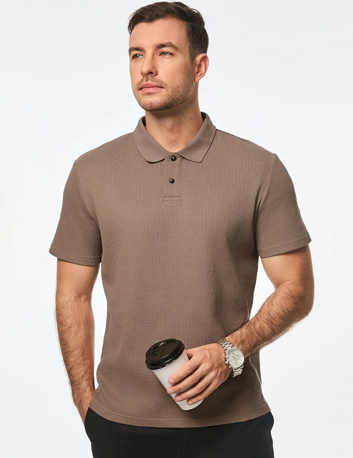 JMIERR Men's Waffle Polo Shirts Summer Casual Short Sleeve T-Shirt Button Up Solid Color Henley Shirts