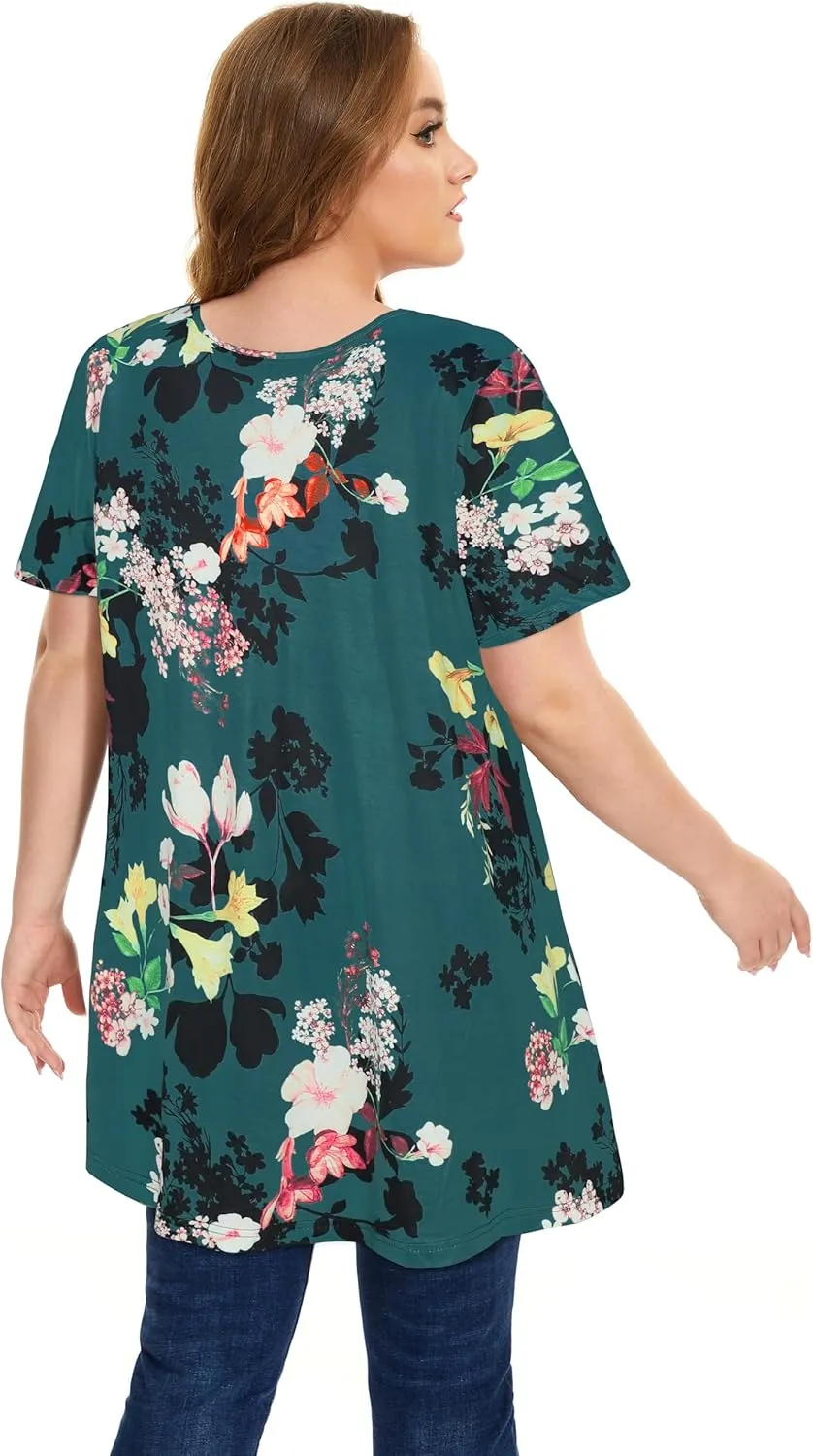 JOELLYUS Plus Size Tops for Women Tunic Floral Casual Short Sleeves T Shirts Flowy Blouses
