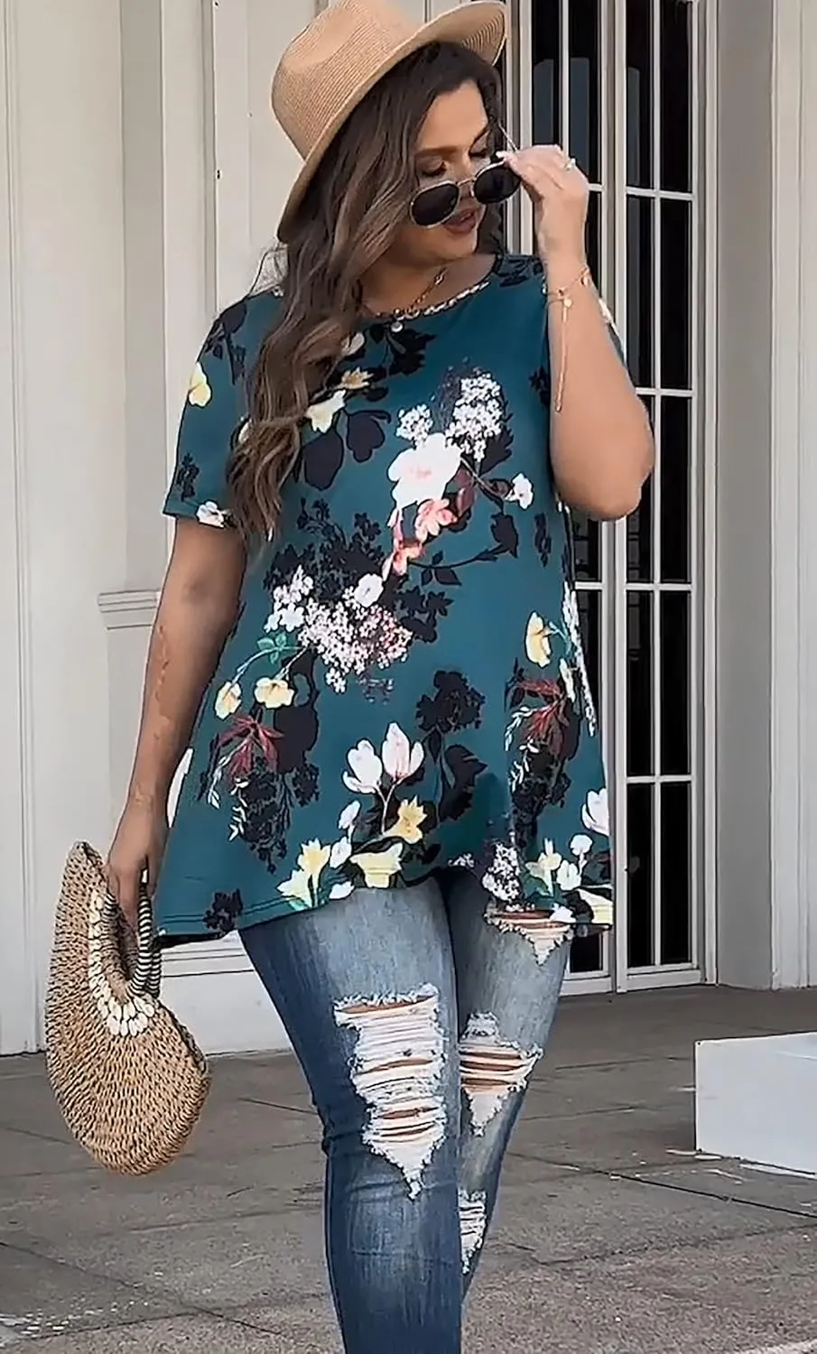 JOELLYUS Plus Size Tops for Women Tunic Floral Casual Short Sleeves T Shirts Flowy Blouses