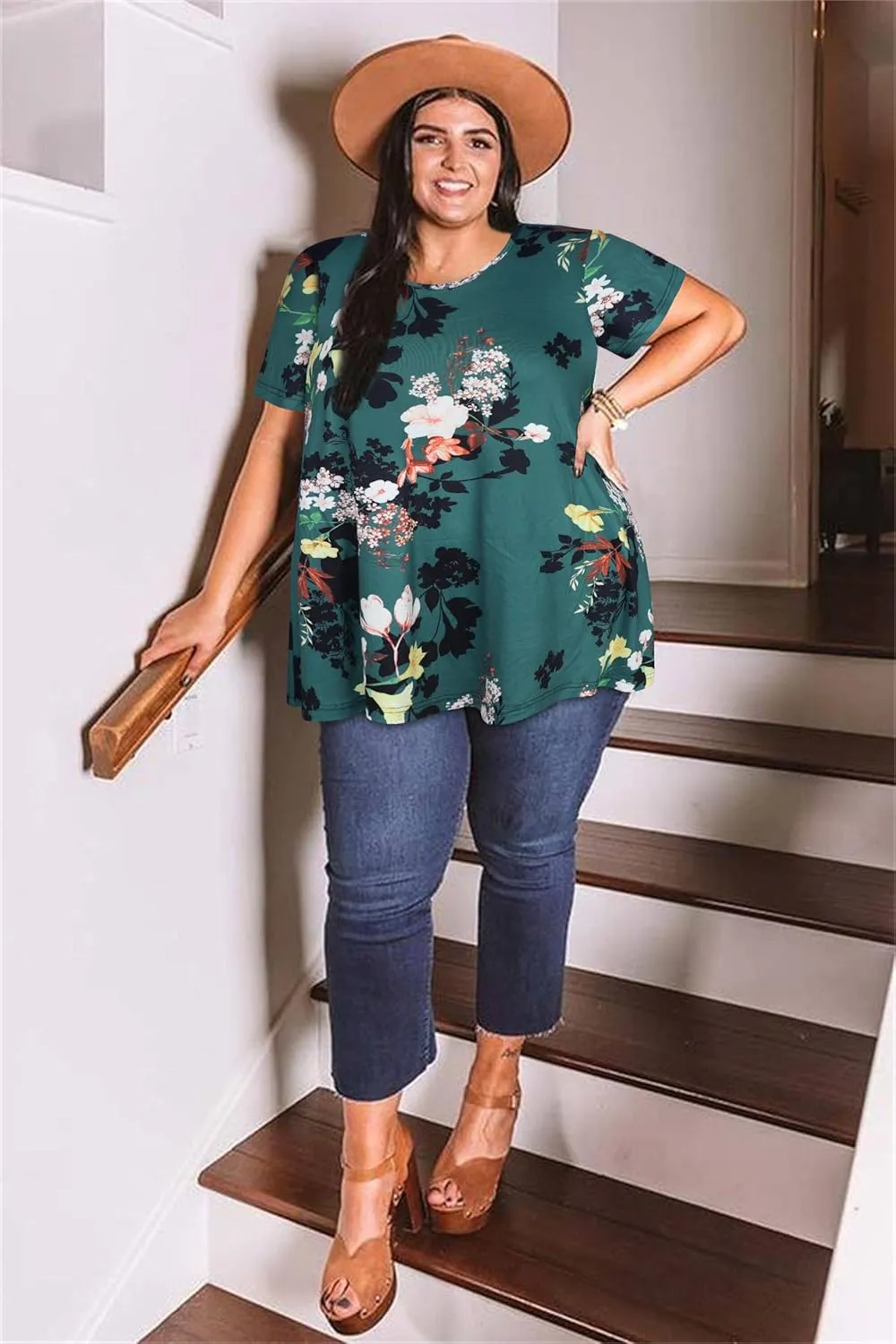 JOELLYUS Plus Size Tops for Women Tunic Floral Casual Short Sleeves T Shirts Flowy Blouses