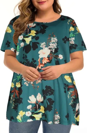 JOELLYUS Plus Size Tops for Women Tunic Floral Casual Short Sleeves T Shirts Flowy Blouses