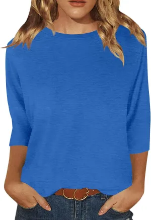 JomeDesign Womens Tops 3/4 Sleeve Shirts Round Neck Loose Casual Blouses Floral Print Tshirts