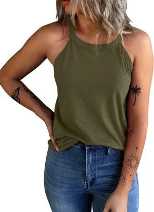 KINLONSAIR Women's Summer Sleeveless Halter Tee Shirts Crew Neck Workout Tank Tops Casual Plain Cami Shirts