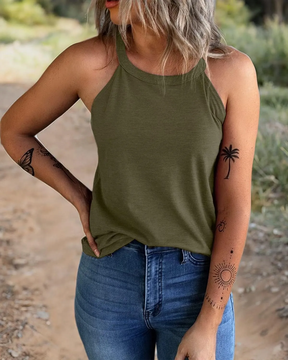 KINLONSAIR Women's Summer Sleeveless Halter Tee Shirts Crew Neck Workout Tank Tops Casual Plain Cami Shirts