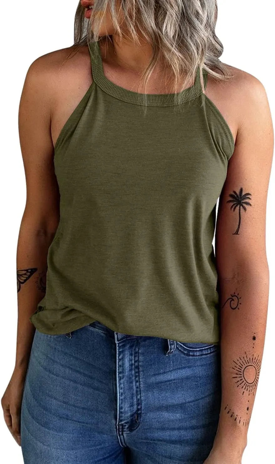 KINLONSAIR Women's Summer Sleeveless Halter Tee Shirts Crew Neck Workout Tank Tops Casual Plain Cami Shirts