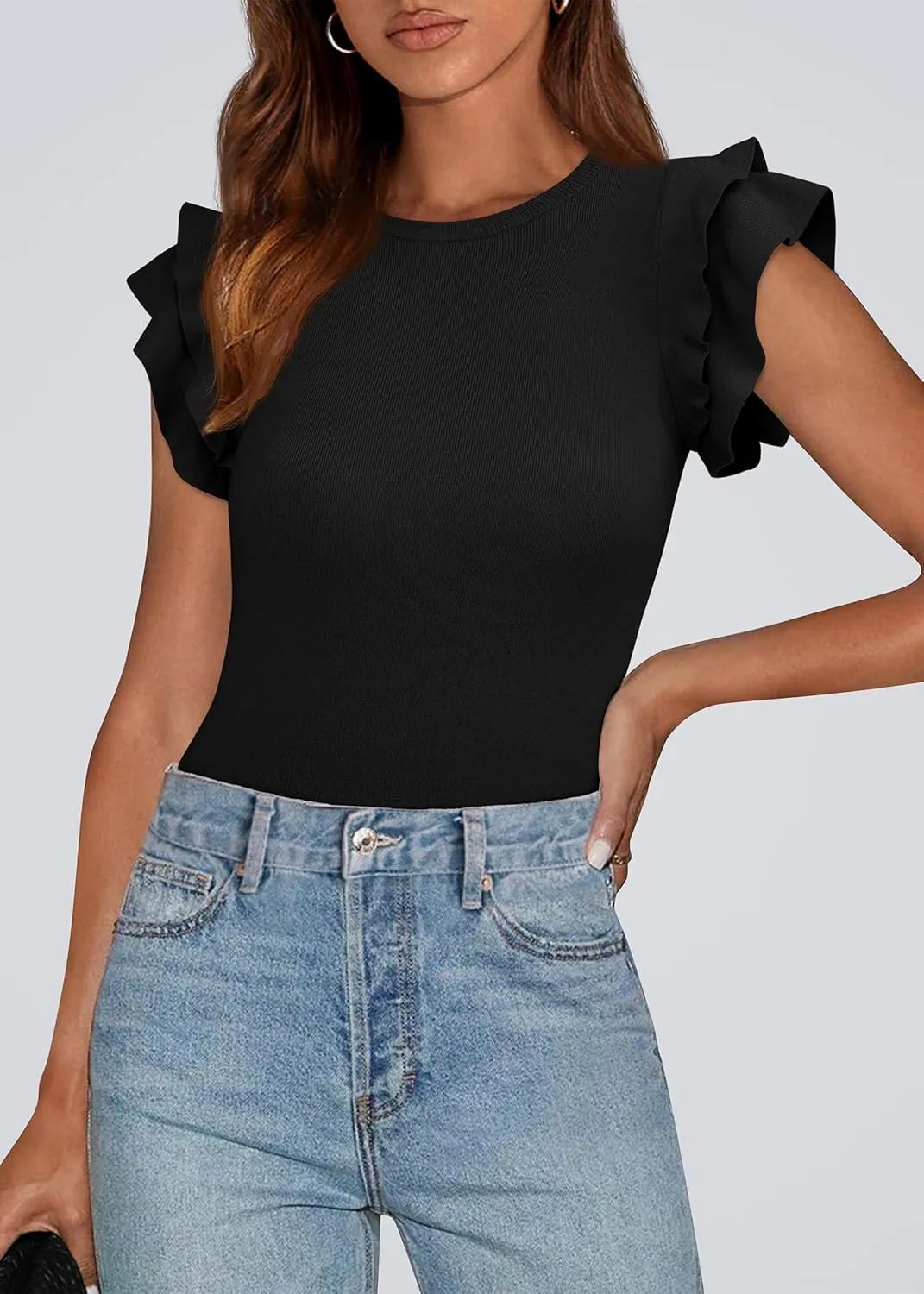 KIRUNDO Spring Tops for Women Flutter Short Sleeve Sweater Casual Crewneck Knit Pullover Shirts 2025 Fashion Summer Clothing