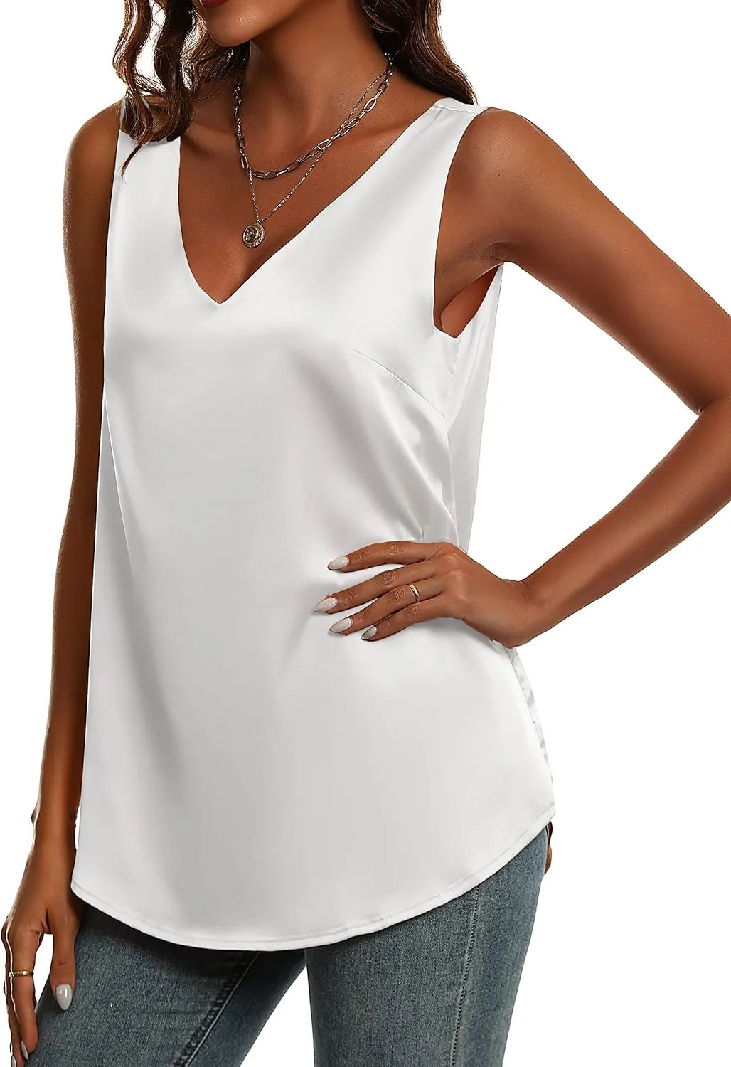 KYLELOVE Womens Satin Tank Tops Double Layer Sleeveless Blouses V Neck Camisoles Work Shirts