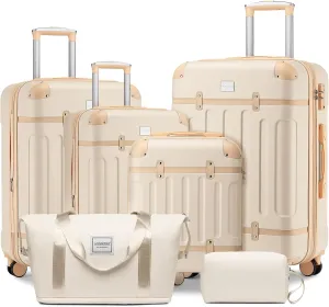LARVENDER Luggage Sets 6 Piece, Expandable Luggage Hardshell Carry on Suitcase Sets with Spinner Wheels TSA Locks, Vintage Travel Luggage Set for Women, Cloud Cream