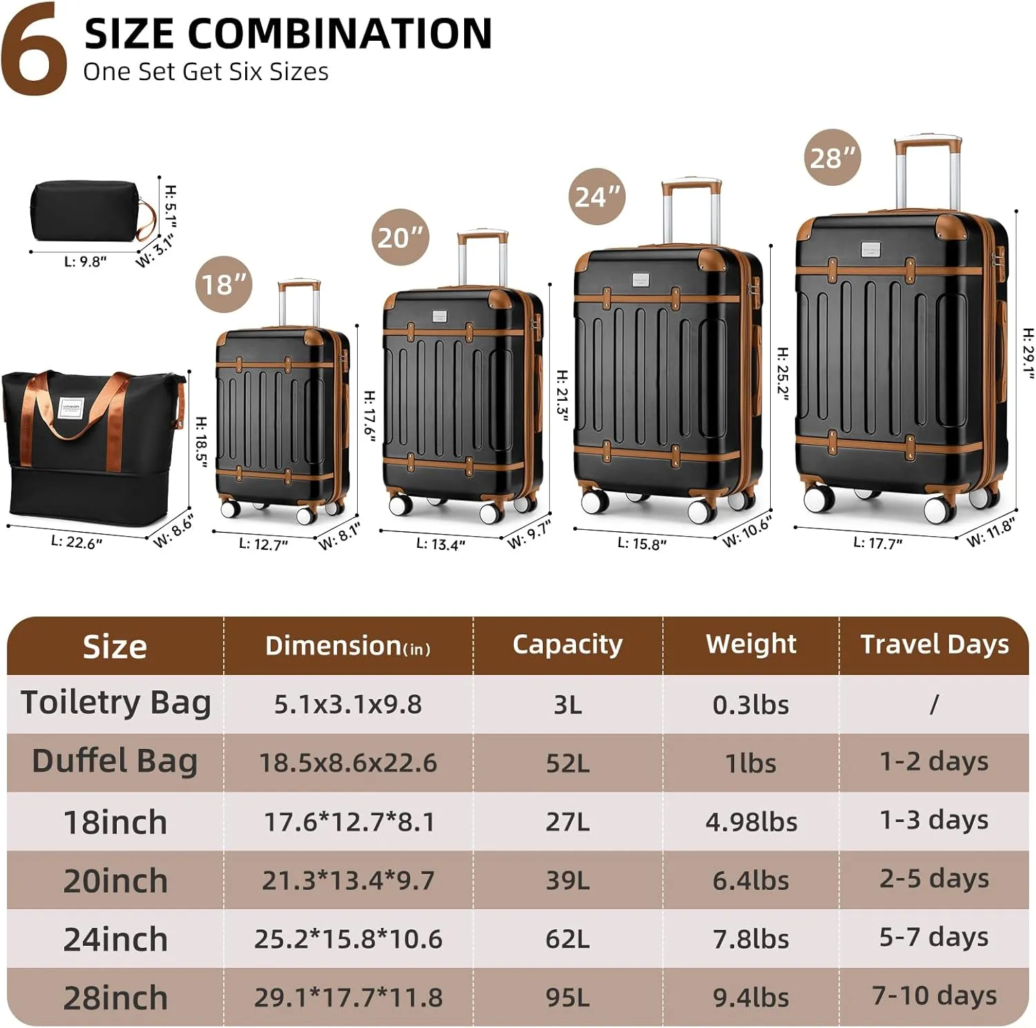 LARVENDER Luggage Sets 6 Piece, Expandable Luggage Hardshell Suitcase Sets with Spinner Wheels TSA Locks, Vintage Travel Luggage Set Clearance for Men and Women, Black Brown