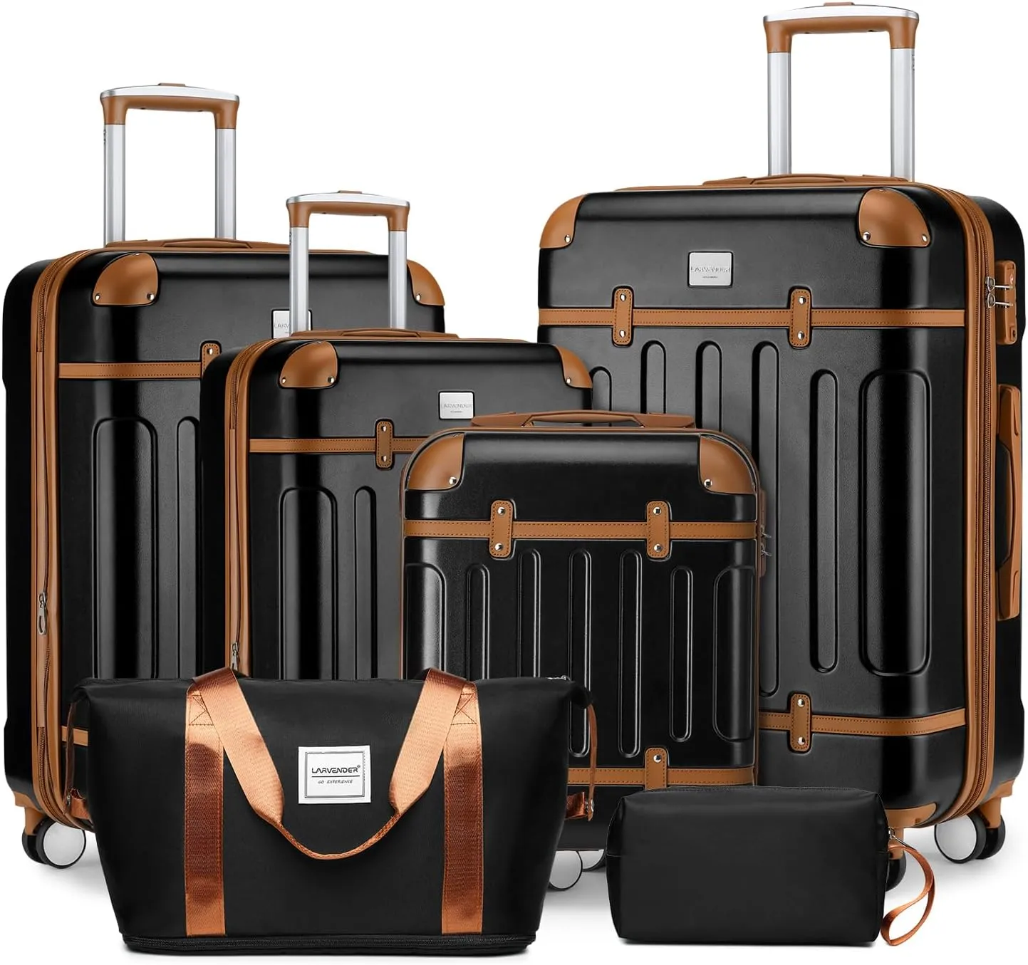 LARVENDER Luggage Sets 6 Piece, Expandable Luggage Hardshell Suitcase Sets with Spinner Wheels TSA Locks, Vintage Travel Luggage Set Clearance for Men and Women, Black Brown