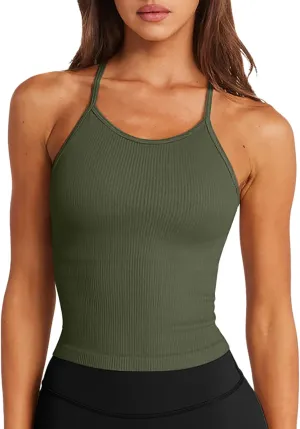 LASLULU Womens Sports Bra Seamless Long Crop Tank Racer Back Spaghetti Strap Workout Yoga Bra Padded Halter Neck Casual Tops