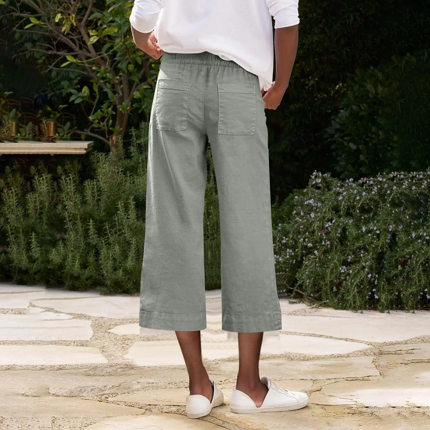 Linen Capri Pants for Women Casual High Waisted Cropped Wide Leg Trousers Lightweight Comfy Beach Pants with Pockets