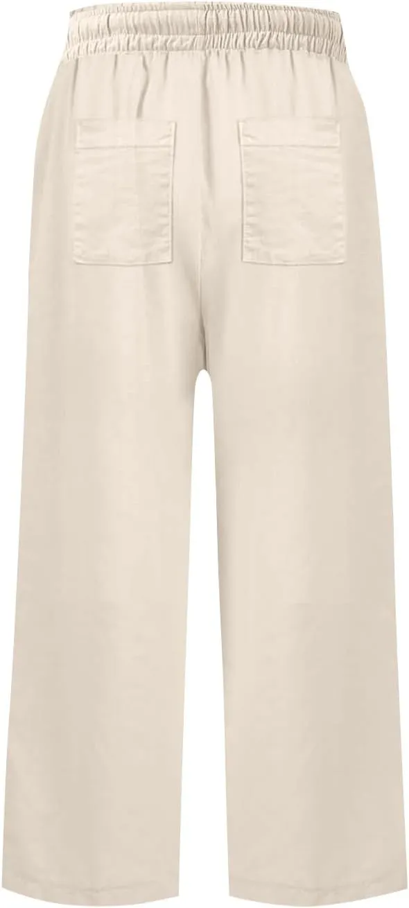 Linen Capri Pants for Women Casual High Waisted Cropped Wide Leg Trousers Lightweight Comfy Beach Pants with Pockets