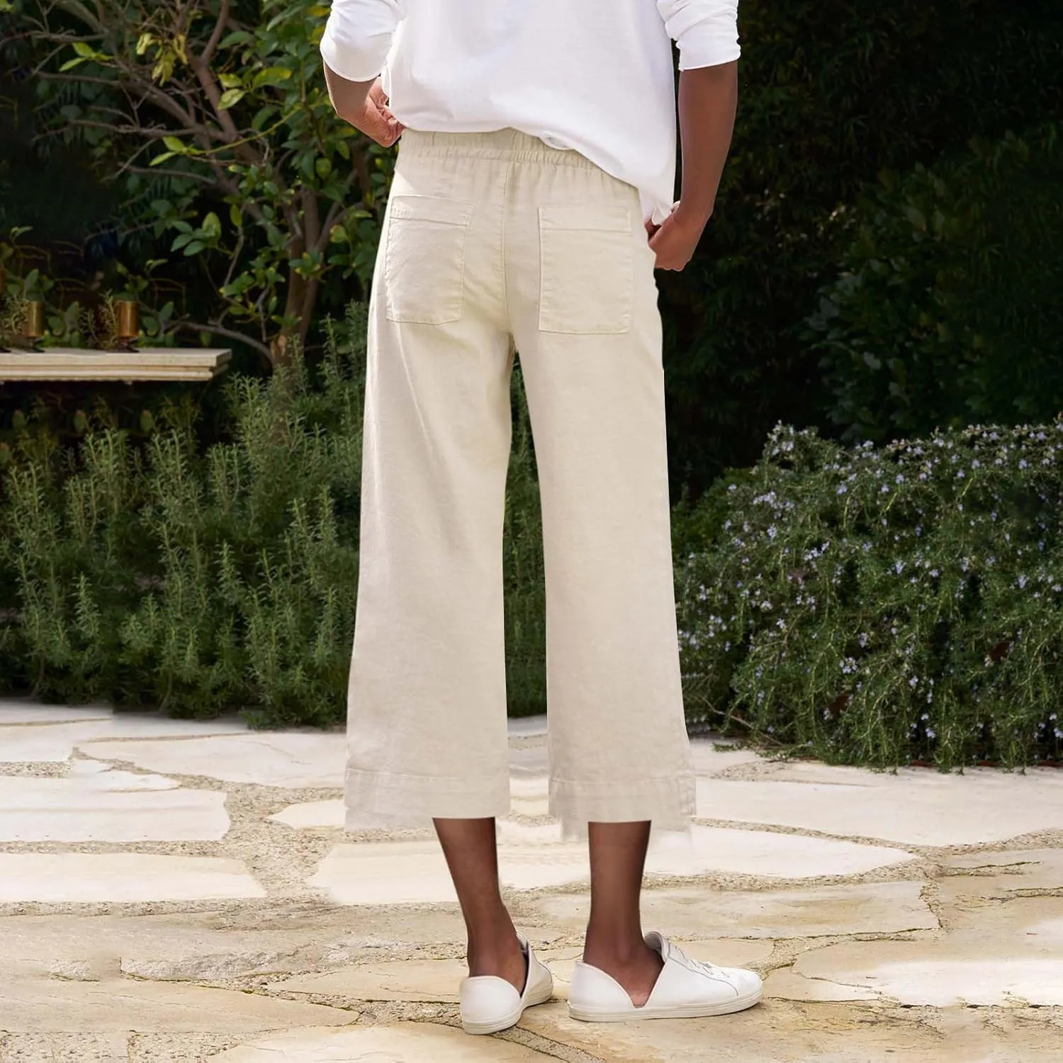 Linen Capri Pants for Women Casual High Waisted Cropped Wide Leg Trousers Lightweight Comfy Beach Pants with Pockets