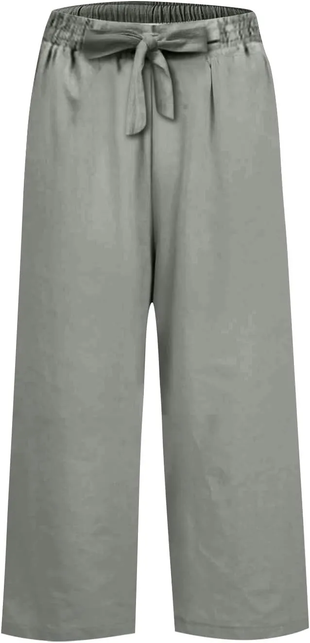 Linen Capri Pants for Women Casual High Waisted Cropped Wide Leg Trousers Lightweight Comfy Beach Pants with Pockets